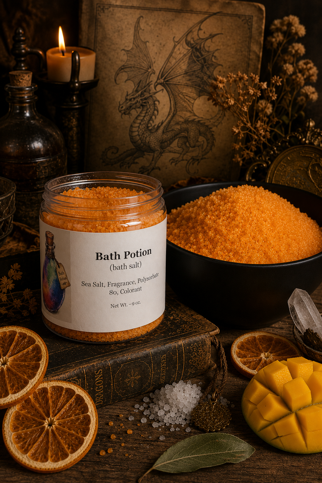 Bath Potion sea salt jar with decorative elements on a wooden surface