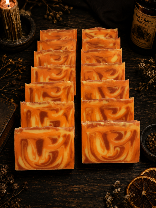 Rows of handmade orange marbled soap bars with red swirls arranged on dark rustic wood in warm moody apothecary lighting