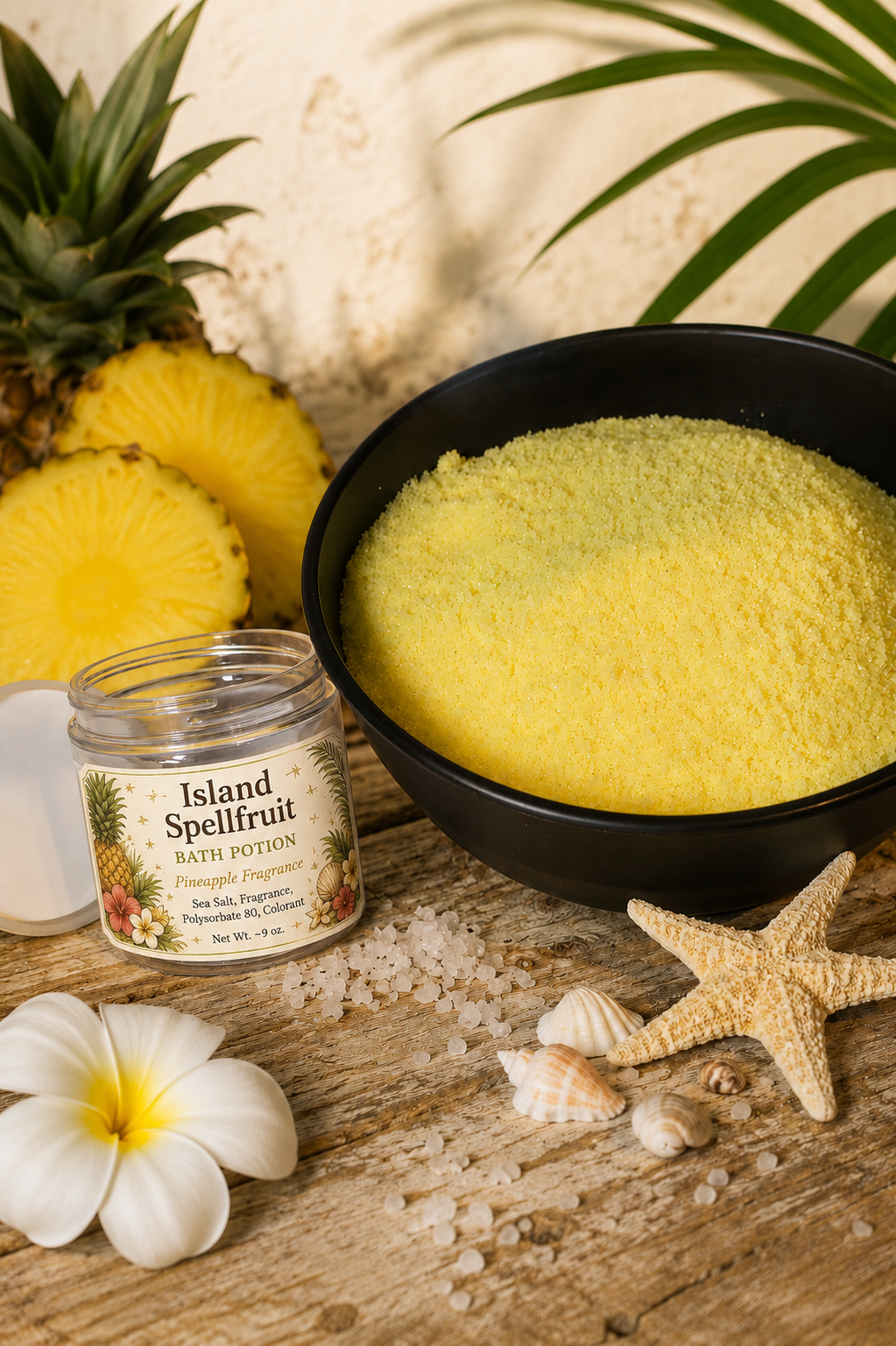 Island Spellfruit bath potion with pineapple, sand, and flowers on a wooden surface