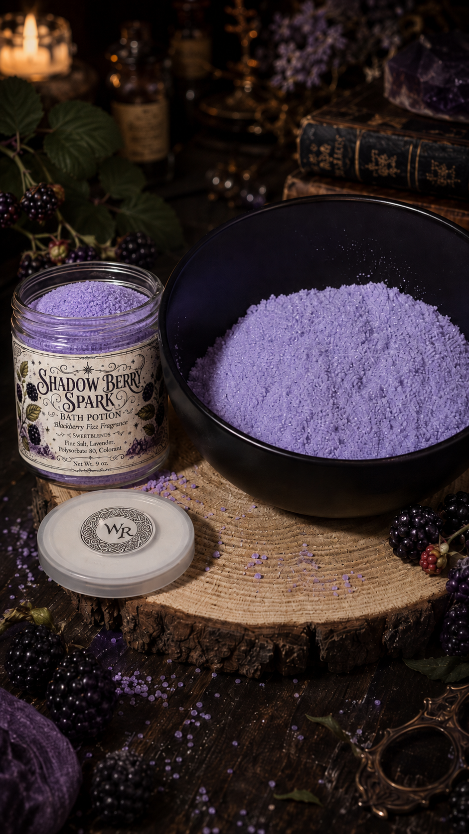 Shadow Berry Spark jar and bowl of purple bath salt with blackberries, candlelight, books, and dark apothecary styling.