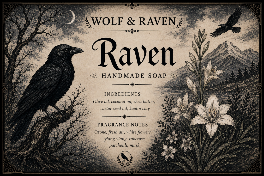 Raven handmade soap by Wolf & Raven — a fresh floral bar with a dark, romantic aesthetic