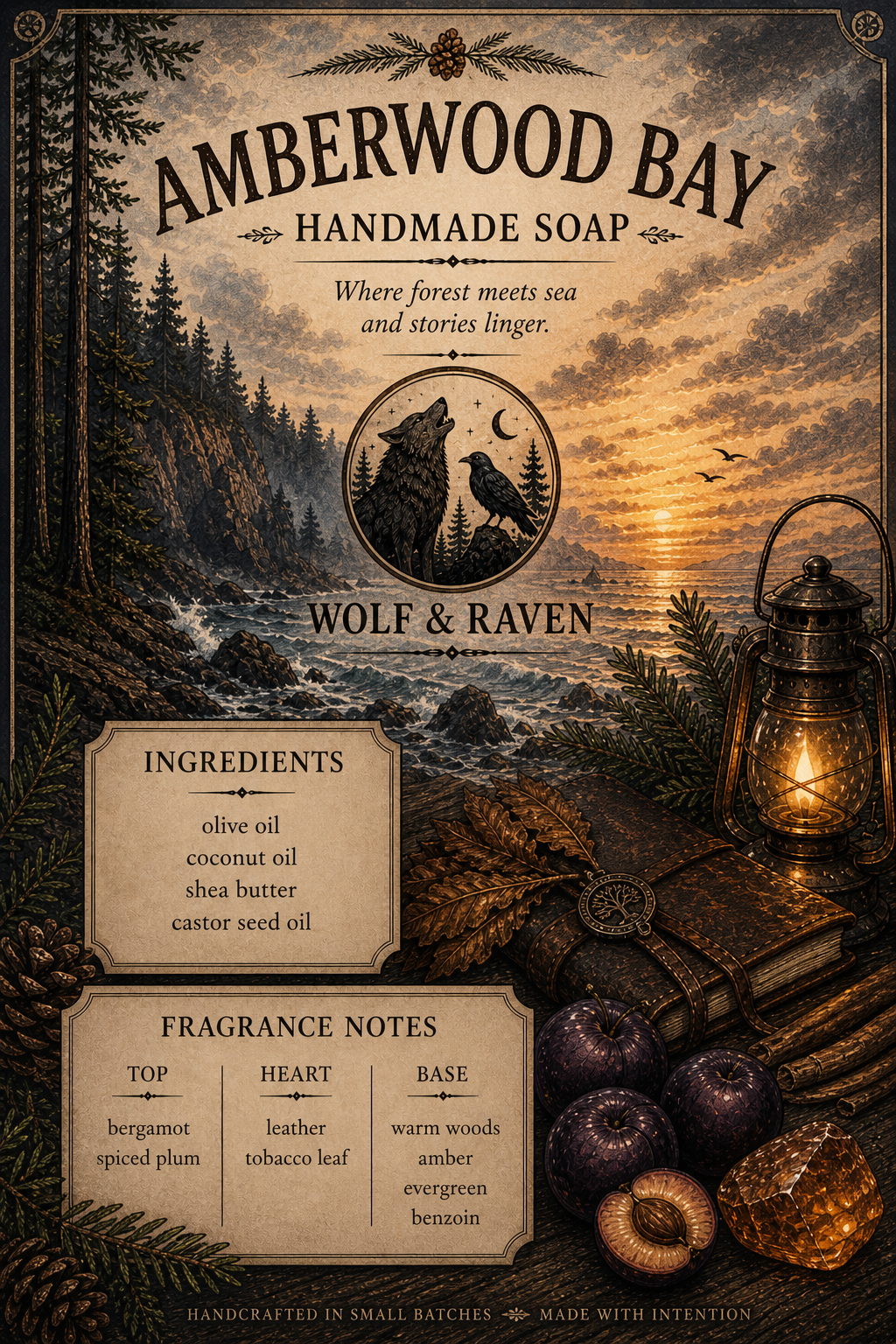 Vintage Amberwood Bay Handmade Soap card showing coastal forest sunset, wolf and raven emblem, ingredients, fragrance notes