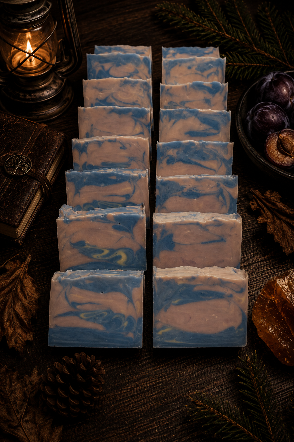 Stack of soap bars with blue and lavender swirls on a dark surface with a candle and fruit in the background.