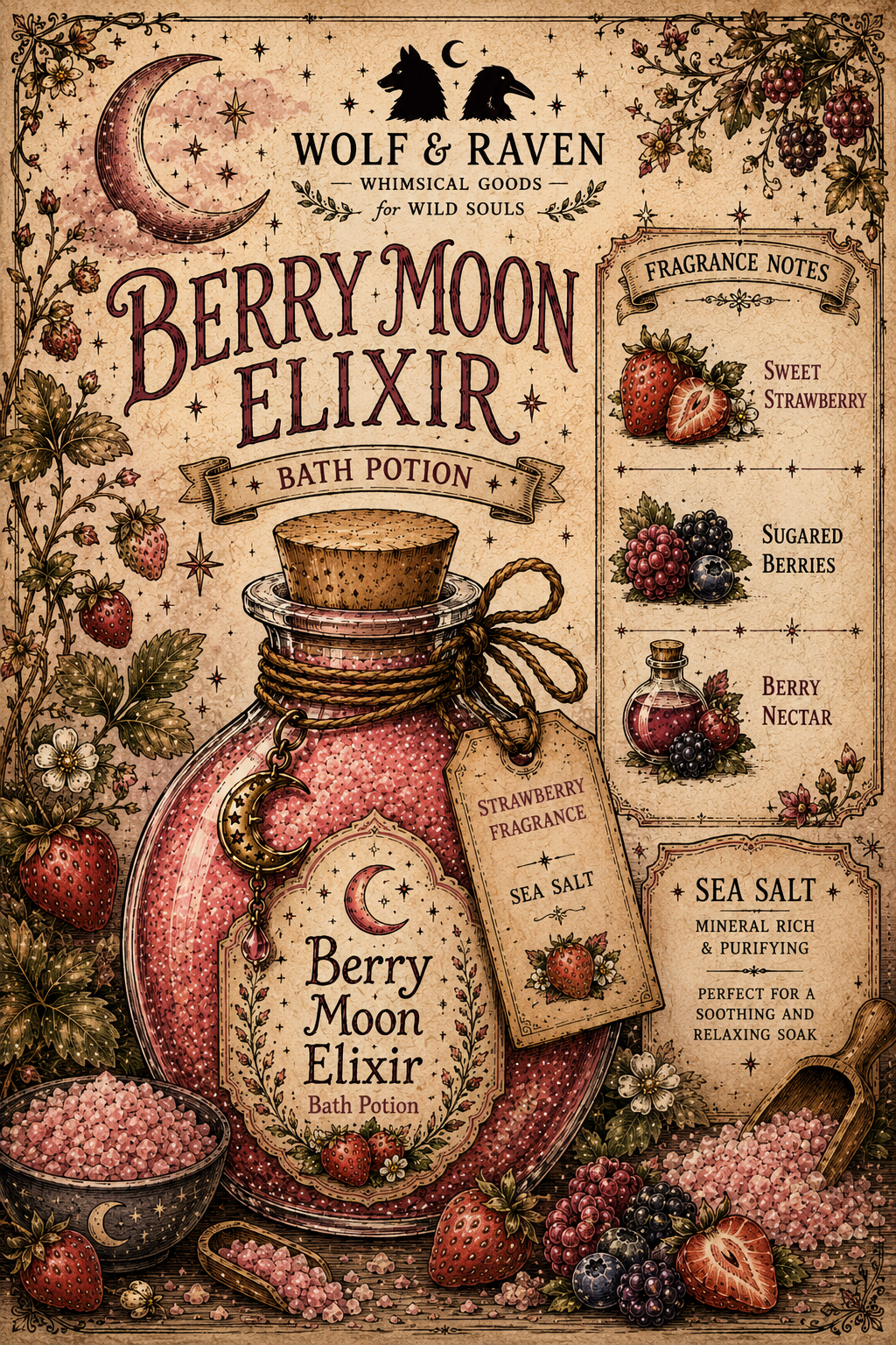 Berry Moon Elixir bath potion with decorative packaging and ingredients on a vintage-style background.