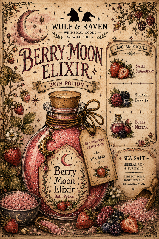 Berry Moon Elixir bath potion with decorative packaging and ingredients on a vintage-style background.