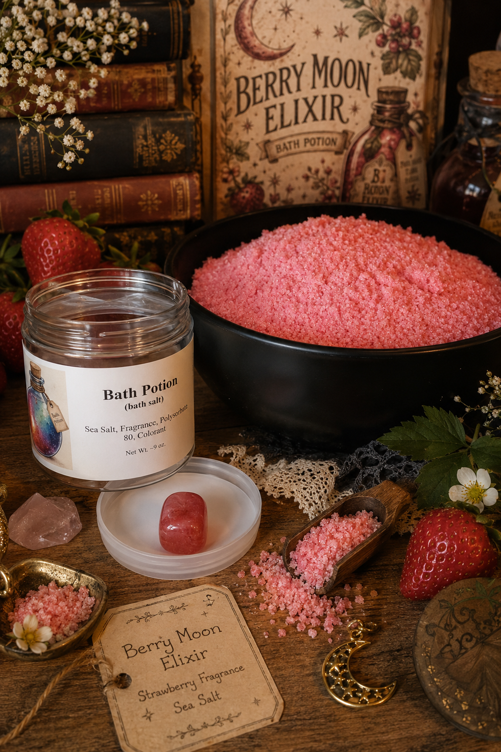 Bath products including a jar labeled 'Bath Potion' and a bowl of pink bath salts on a wooden surface with decorative elements.