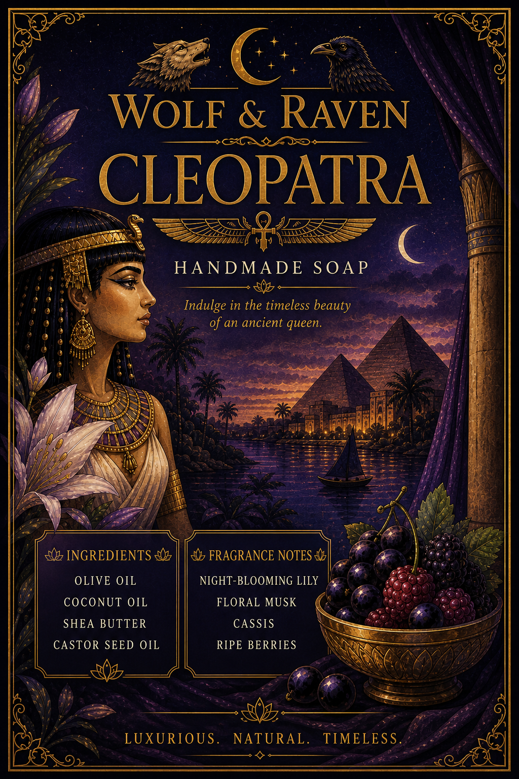 Ornate Egyptian Cleopatra soap card in purple and gold, queen profile, pyramids, Nile night scene, ingredients and fruit bowl