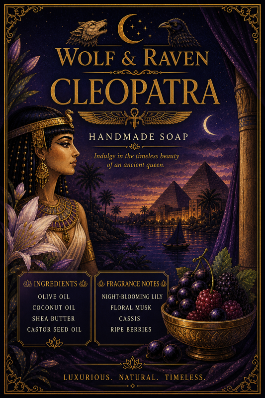 Ornate Egyptian Cleopatra soap card in purple and gold, queen profile, pyramids, Nile night scene, ingredients and fruit bowl