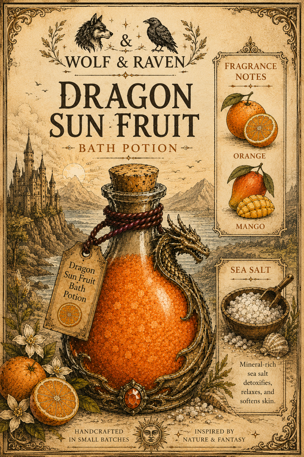 Vintage-style advertisement for 'Dragon Sun Fruit' bath potion with a bottle, oranges, and sea salt.
