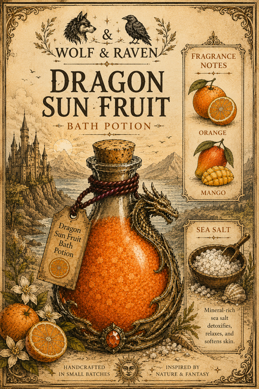 Vintage-style advertisement for 'Dragon Sun Fruit' bath potion with a bottle, oranges, and sea salt.