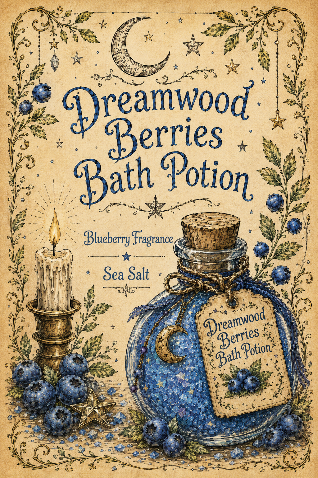 Illustrated Dreamwood Berries Bath Potion with blue salts, blueberries, candle, moon, stars and leafy border.
