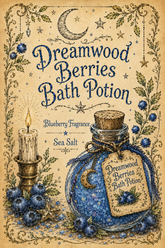 Illustrated Dreamwood Berries Bath Potion with blue salts, blueberries, candle, moon, stars and leafy border.