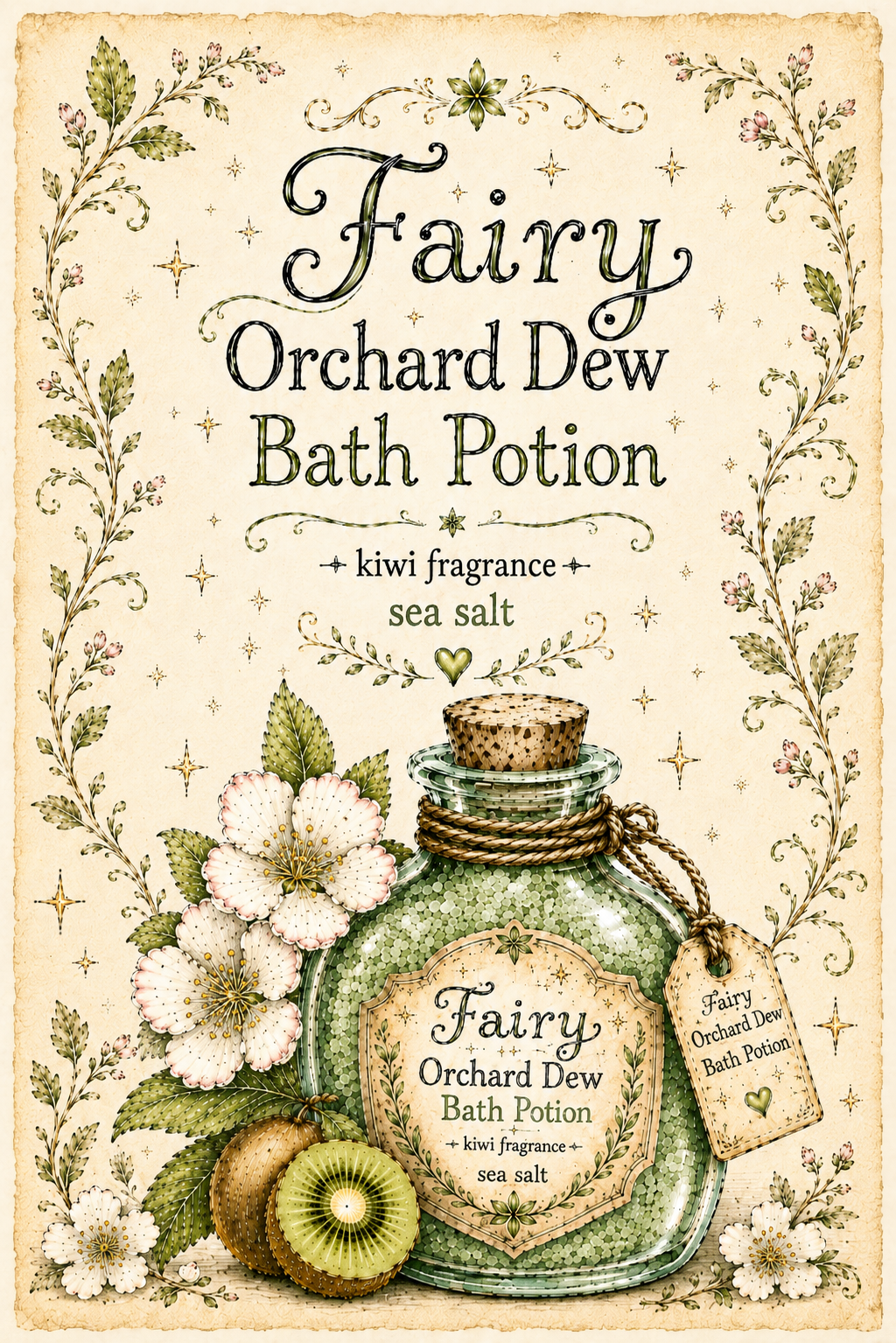 Fairy Orchard Dew Bath Potion illustration with green sea salt bottle, kiwi, blossoms, and parchment-style botanical border.