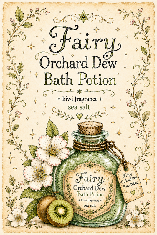Fairy Orchard Dew Bath Potion illustration with green sea salt bottle, kiwi, blossoms, and parchment-style botanical border.