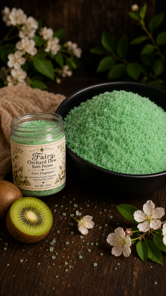 Fairy Orchard Dew Bath Potion jar with green bath salts, kiwi, blossoms, and a bowl of sea salt on dark wood.