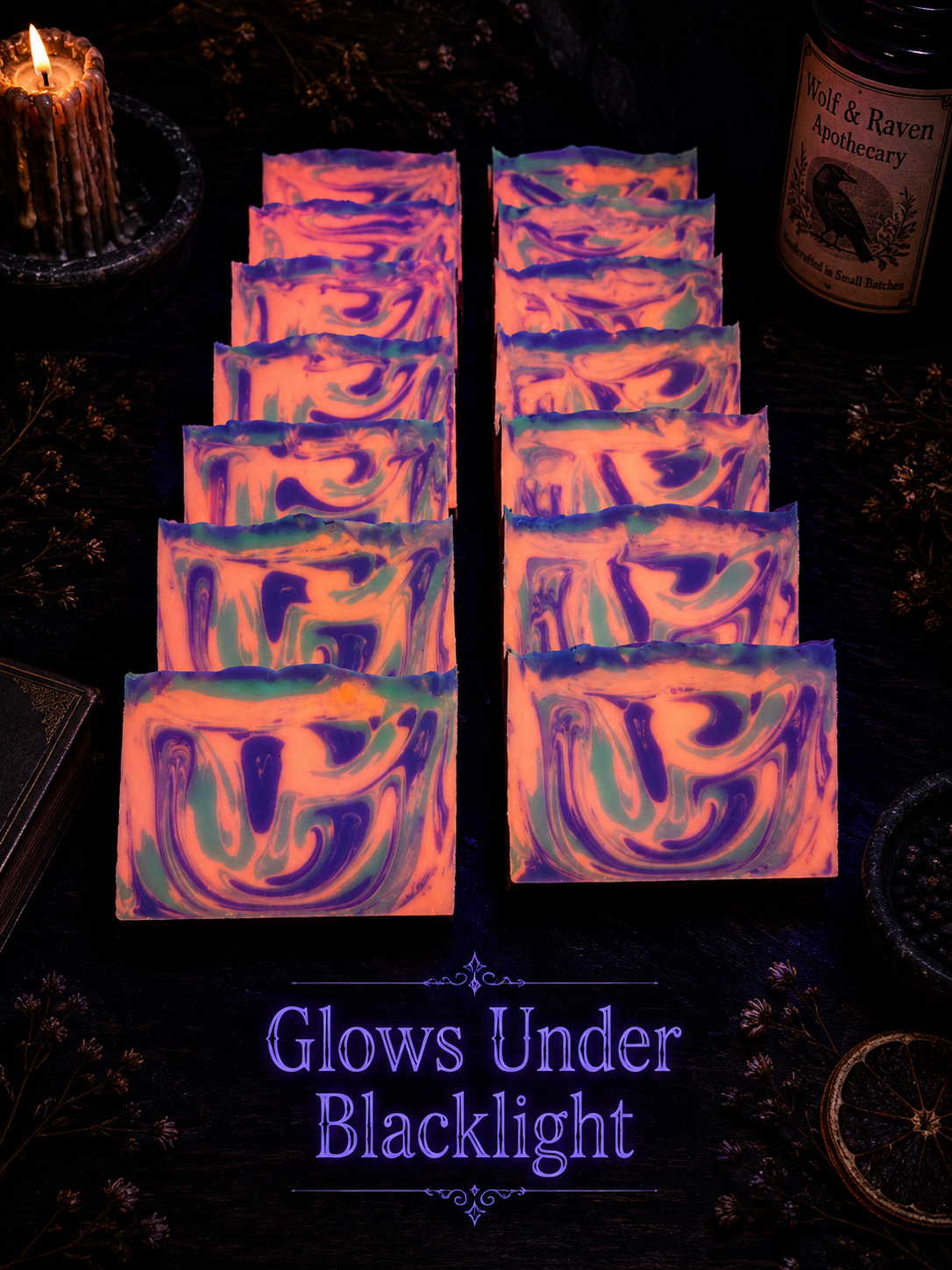 Neon marbled handmade soap bars glowing under blacklight on dark wood with candle, apothecary props, and Glows Under UV