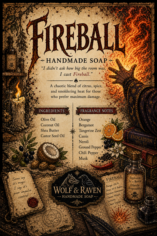 Fantasy Fireball Handmade Soap card with wizard casting fireball, citrus-spice notes, ingredients list, apothecary style