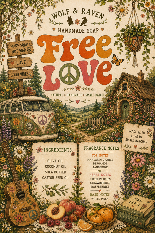 Vintage cottagecore 'Free Love' soap card by Wolf & Raven featuring VW van, cottage, fruit, ingredients and notes