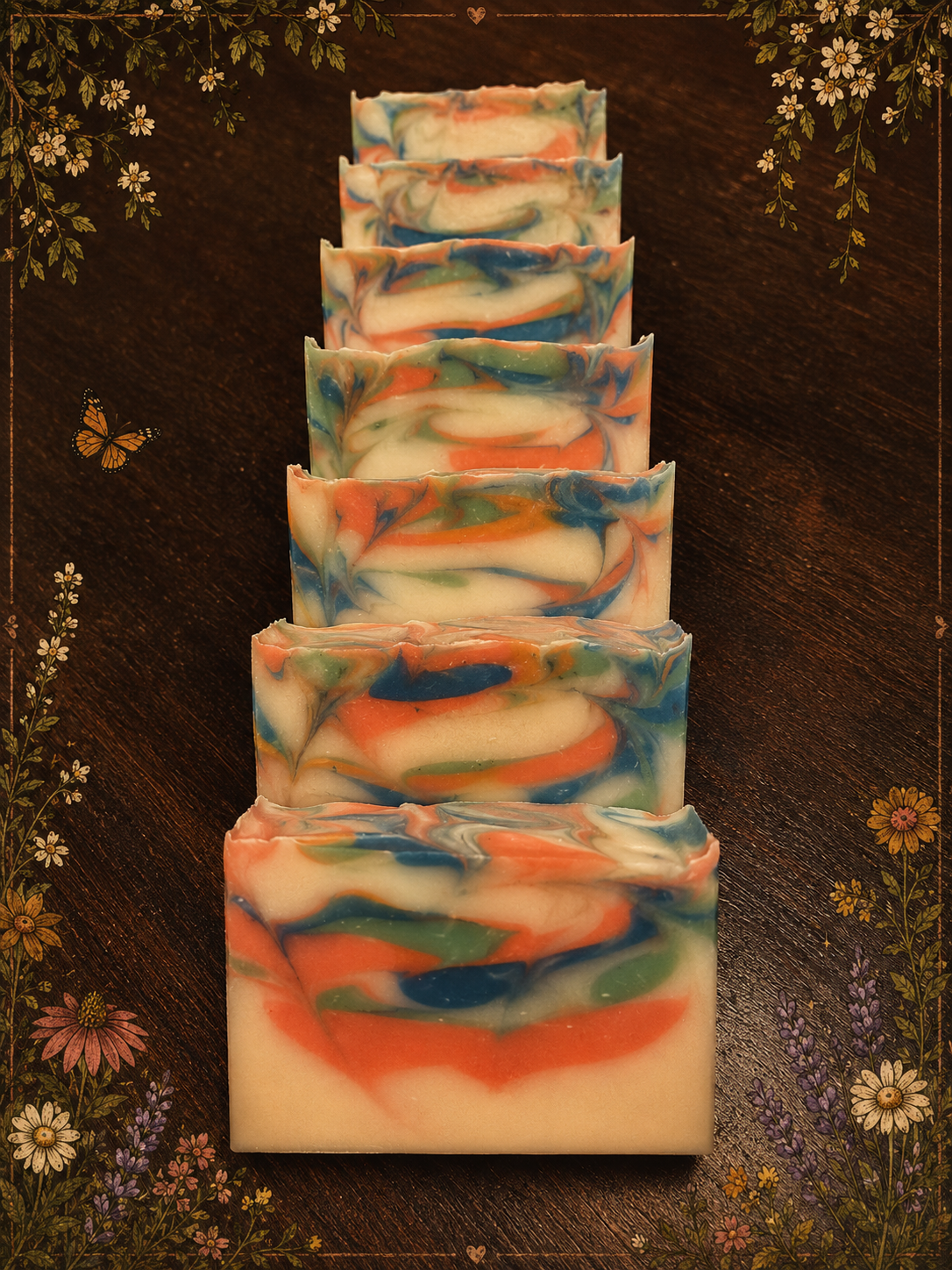 Stacked handmade soap bars with colorful marbled swirls on dark wooden surface with floral border accents