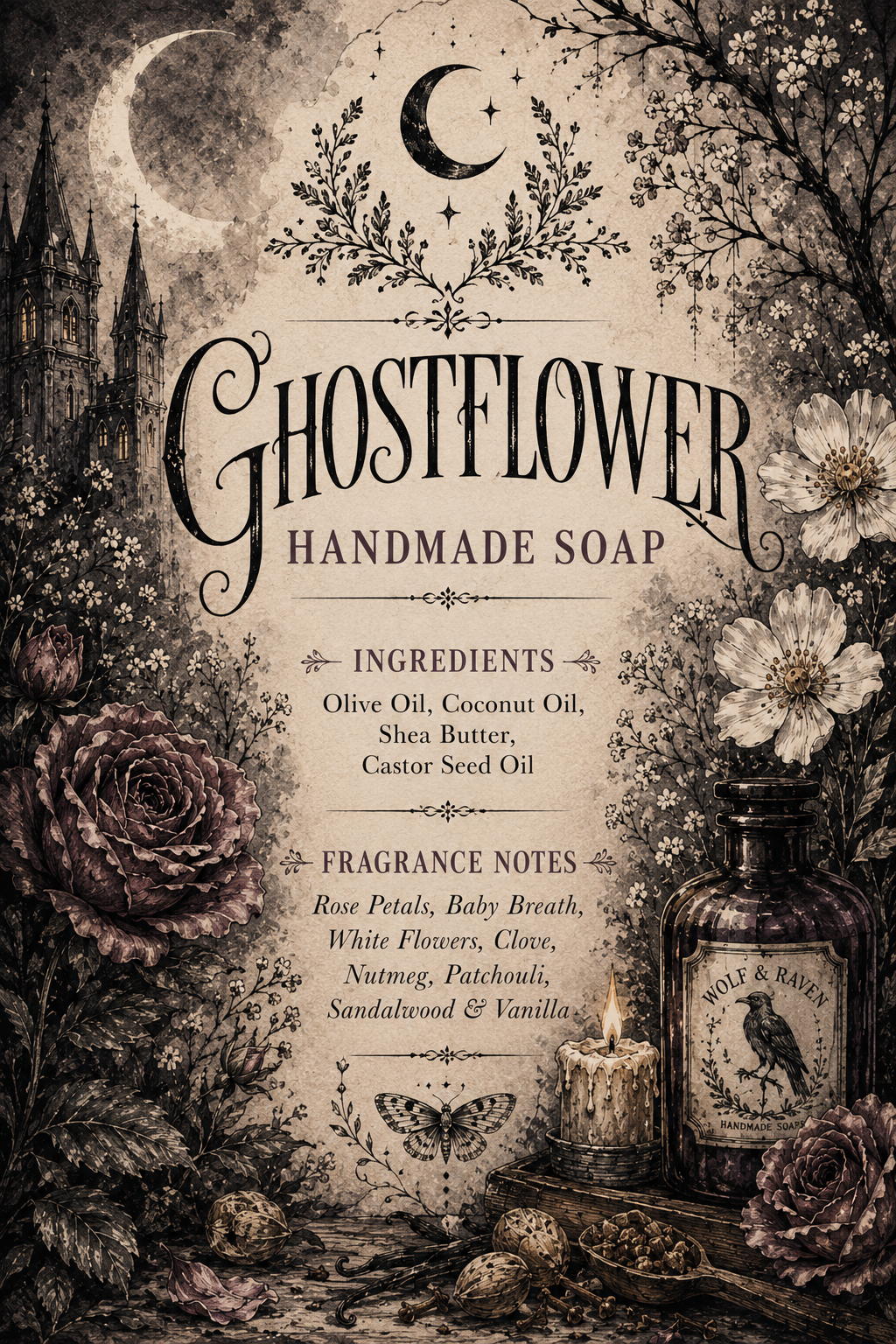 Vintage gothic botanical card for Ghostflower Handmade Soap with moon, roses, florals, candle and apothecary bottle design