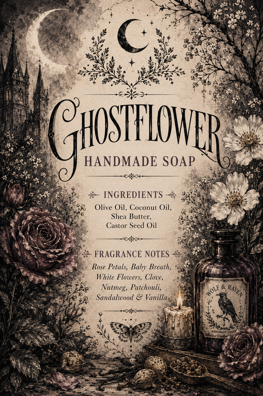Vintage gothic botanical card for Ghostflower Handmade Soap with moon, roses, florals, candle and apothecary bottle design