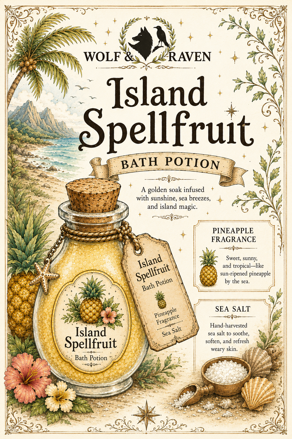 Bath potion labeled 'Island Spellfruit' with tropical elements and branding on a decorative background.