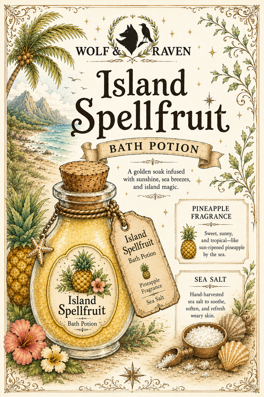 Bath potion labeled 'Island Spellfruit' with tropical elements and branding on a decorative background.