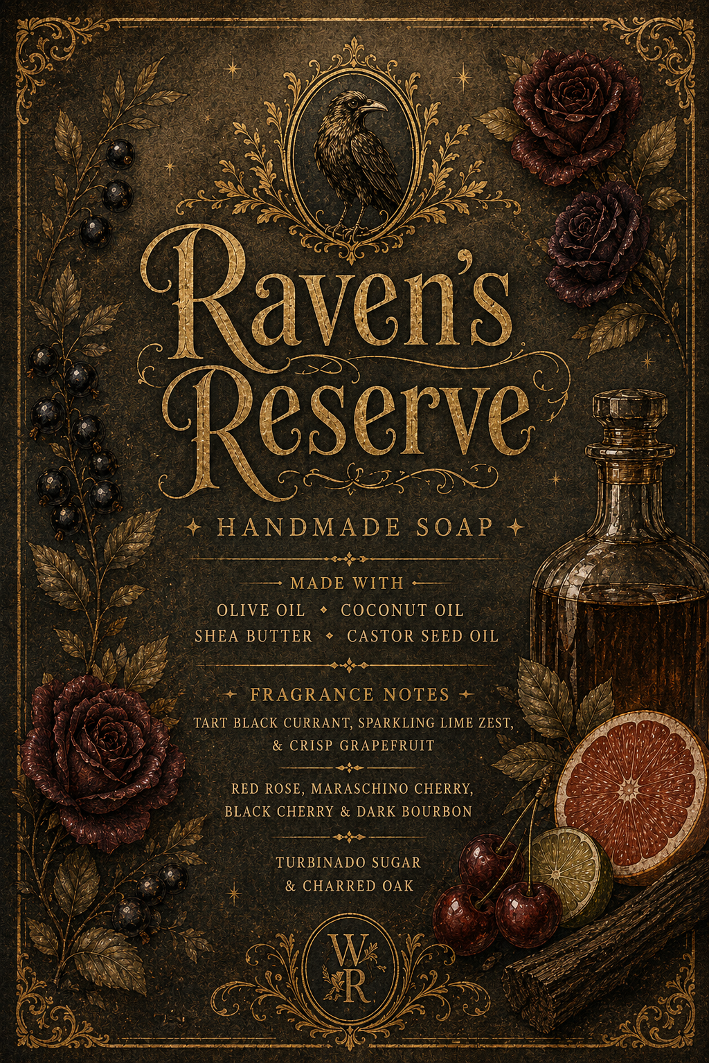 Vintage Raven’s Reserve soap poster with raven, bourbon, roses, cherries, citrus, currants, and gold filigree.