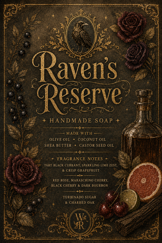 Vintage Raven’s Reserve soap poster with raven, bourbon, roses, cherries, citrus, currants, and gold filigree.