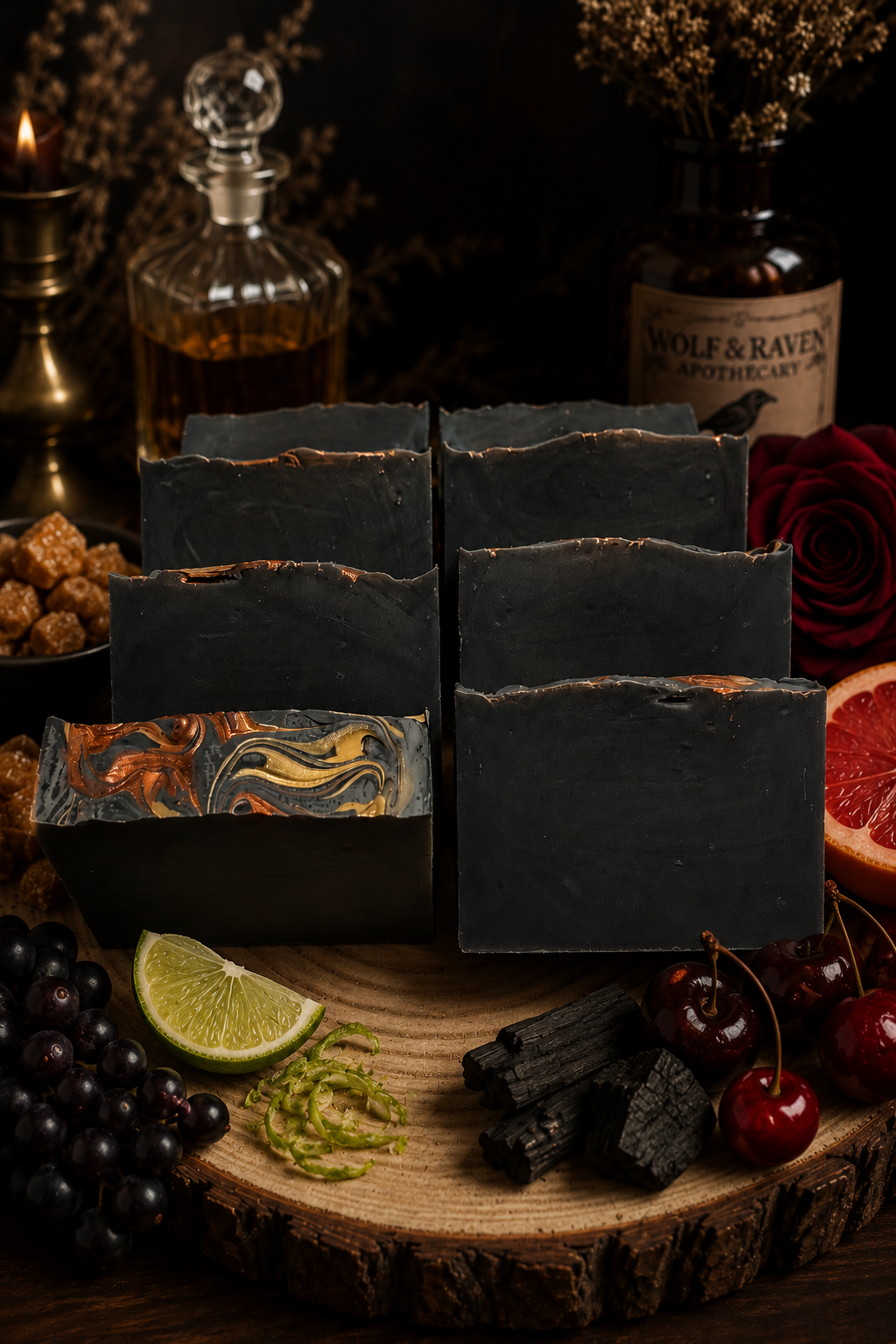 Dark Raven's Reserve soap bars on wood, styled with currants, lime, cherries, bourbon, grapefruit, rose and charcoal.