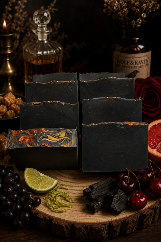 Dark Raven's Reserve soap bars on wood, styled with currants, lime, cherries, bourbon, grapefruit, rose and charcoal.