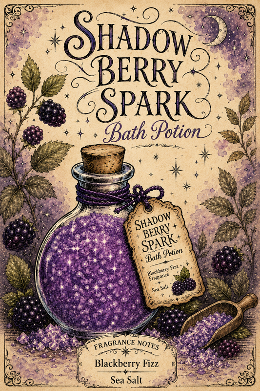 Hand-drawn Shadow Berry Spark Bath Potion with purple sea salt, blackberries, moon, stars, and fragrance notes.